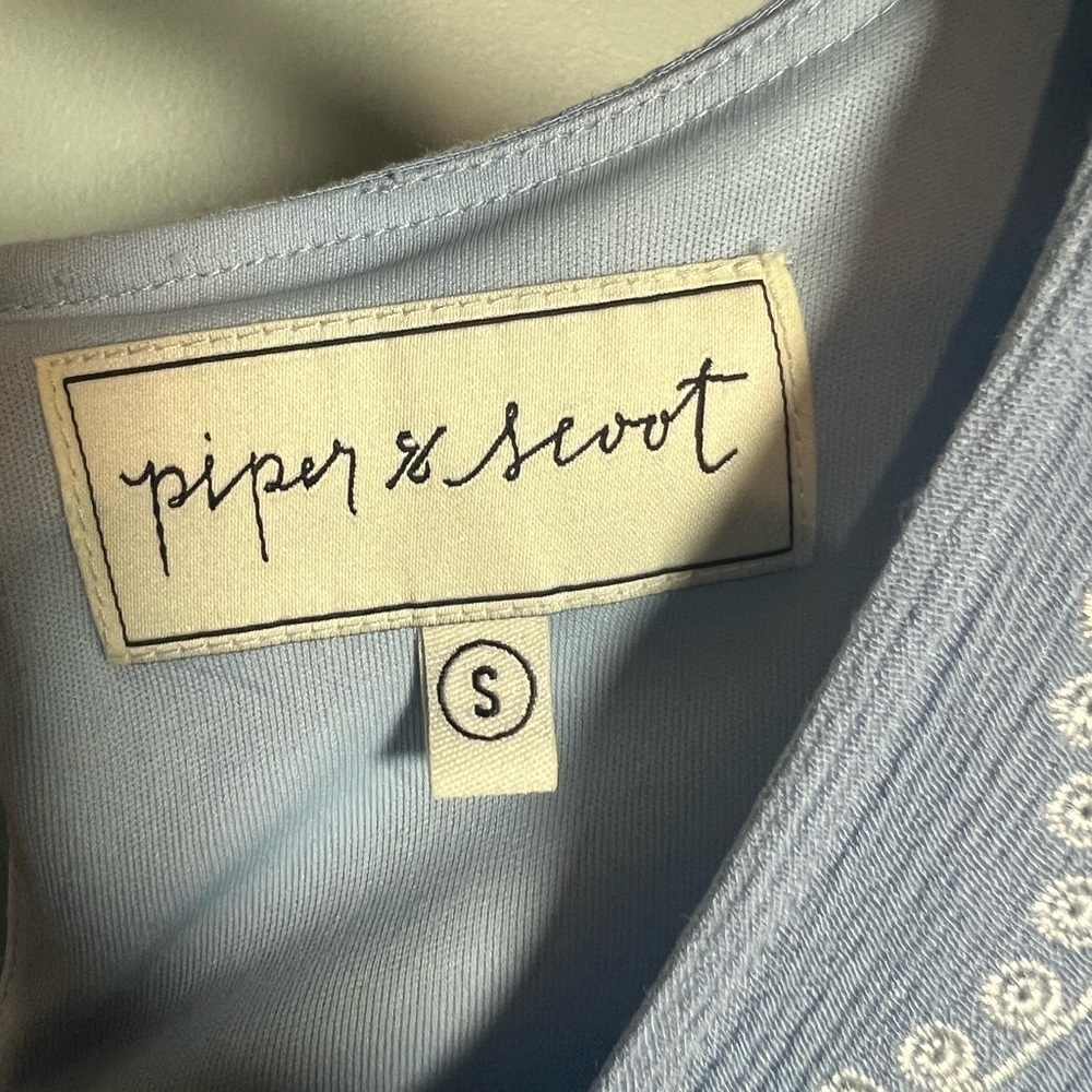 Piper Blue Dress with V-Neck and 3/4 Bishop Sleeves - Picture 2 of 4